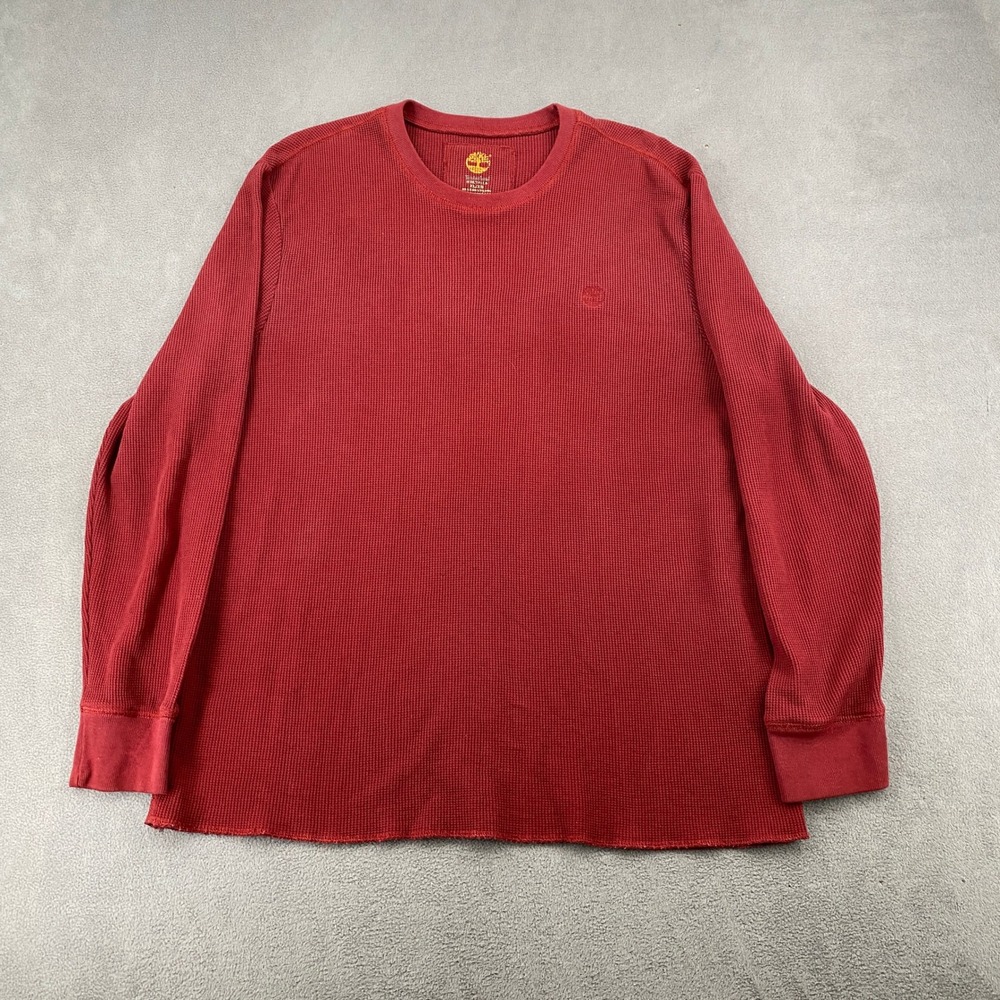 Timberland Mens XL Red Waffle Knit Thermal Long Sleeve Shirt Crewneck Logo